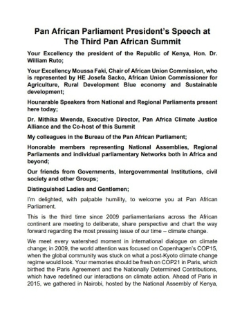 Pan African Parliament President’s Speech at The Third Pan African Summit