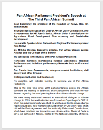 Pan African Parliament President’s Speech at The Third Pan African Summit