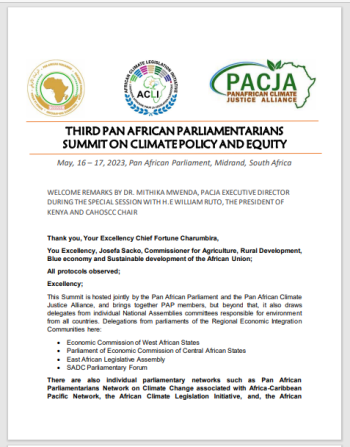 Third Pan African Parliamentarians Summit On Climate Policy And Equity-Speech by Dr.Mithika