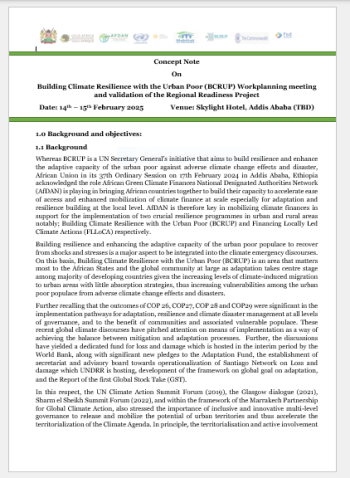 Concept Note On Building Climate Resilience with the Urban Poor (BCRUP) Workplanning meeting and validation of the Regional Readiness Project