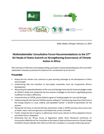 Multistakeholder Consultative Forum Recommendations to the 37th AU Heads of States Summit on Strengthening Governance of Climate  Action in Africa