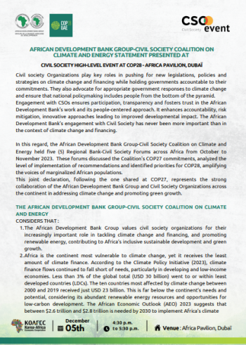 AFRICAN DEVELOPMENT BANK GROUP-CIVIL SOCIETY COALITION ON CLIMATE AND ENERGY STATEMENT PRESENTED AT  CIVIL SOCIETY HIGH-LEVEL EVENT AT COP28