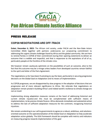 PRESS RELEASE COP28 NEGOTIATIONS ARE OFF-TRACK