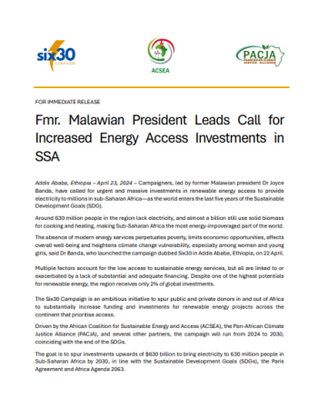 Fmr. Malawian President Leads Call for  Increased Energy Access Investments in  SSA