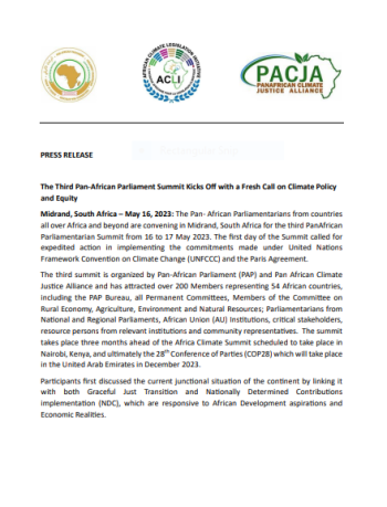 PRESS RELEASE  The Third Pan-African Parliament Summit Kicks Off with a Fresh Call on Climate Policy  and Equity