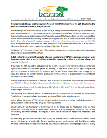 Rwanda Climate Change and Development Network (RCCDN) Position Paper for COP 28 submitted to  the Government of Rwanda as Party to UNFCCC