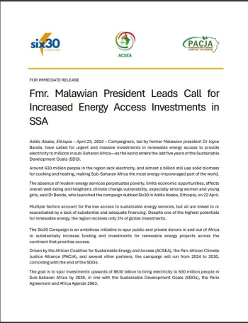 Fmr. Malawian President Leads Call for  Increased Energy Access Investments in  SSA