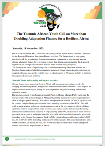 The Yaounde African Youth Call on More than Doubling Adaptation Finance for a Resilient Africa